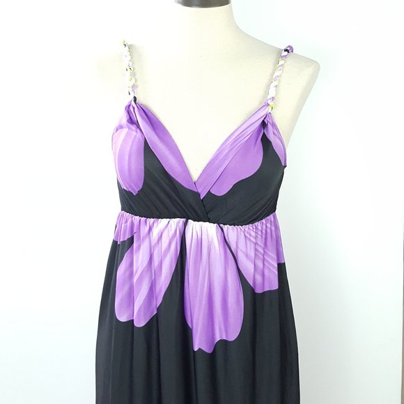 Maxi Dress Black Large Purple Flower Print Stretchy Boho - Picture 5 of 8